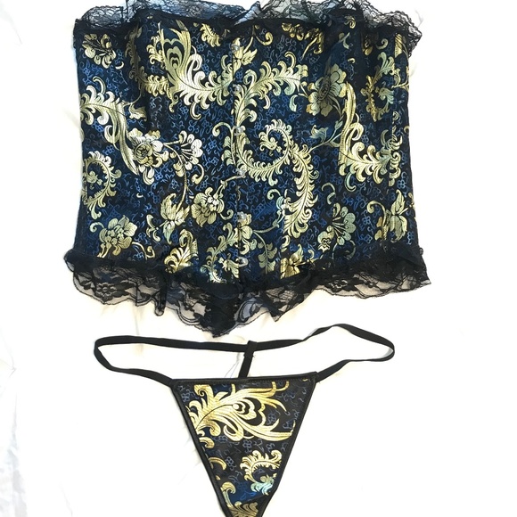 Sexy Gold&Navy Blue Corset w/ Matching Thong - Picture 1 of 6